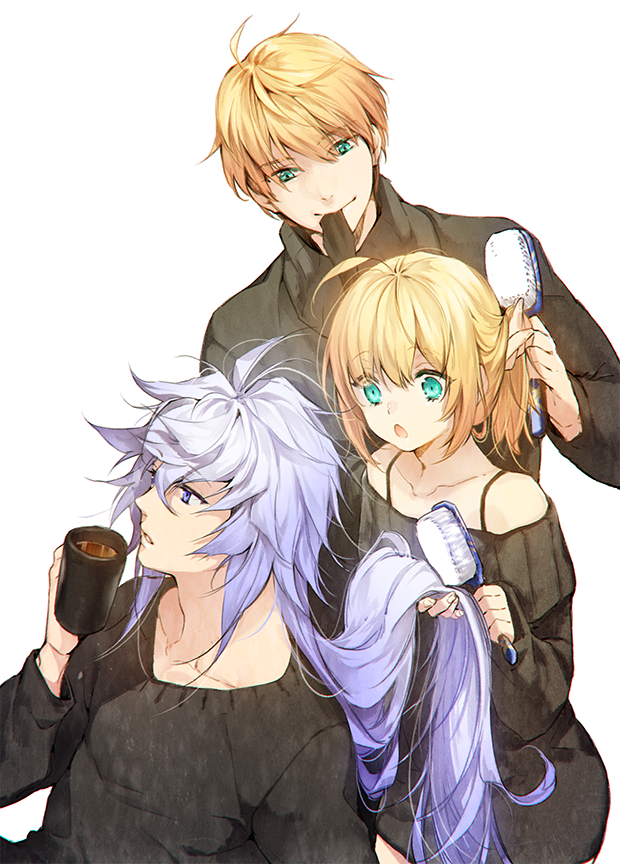 1girl 2boys adjusting_another's_hair ahoge alternate_costume aqua_eyes artoria_pendragon_(all) blonde_hair blue_eyes commentary_request cup fate/grand_order fate/prototype fate/stay_night fate_(series) holding long_hair long_sleeves merlin_(fate/stay_night) multiple_boys open_mouth pepper_fever ponytail saber_(fate/prototype) saber_lily smile violet_eyes white_hair