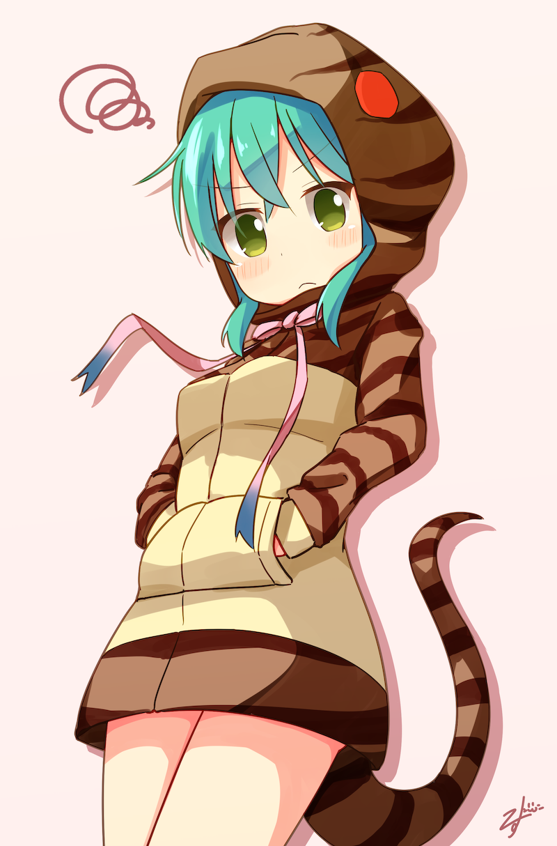 &gt;:( 1girl aqua_hair bangs beige_background blue_ribbon blush bow closed_mouth commentary_request cowboy_shot eyebrows_visible_through_hair gradient_ribbon green_eyes hair_between_eyes hands_in_pockets highres hood hood_up hoodie kemono_friends long_sleeves looking_at_viewer mizutan64 pink_bow pink_ribbon ribbon signature simple_background snake_tail solo squiggle striped_hoodie striped_tail tail tsuchinoko_(kemono_friends) v-shaped_eyebrows