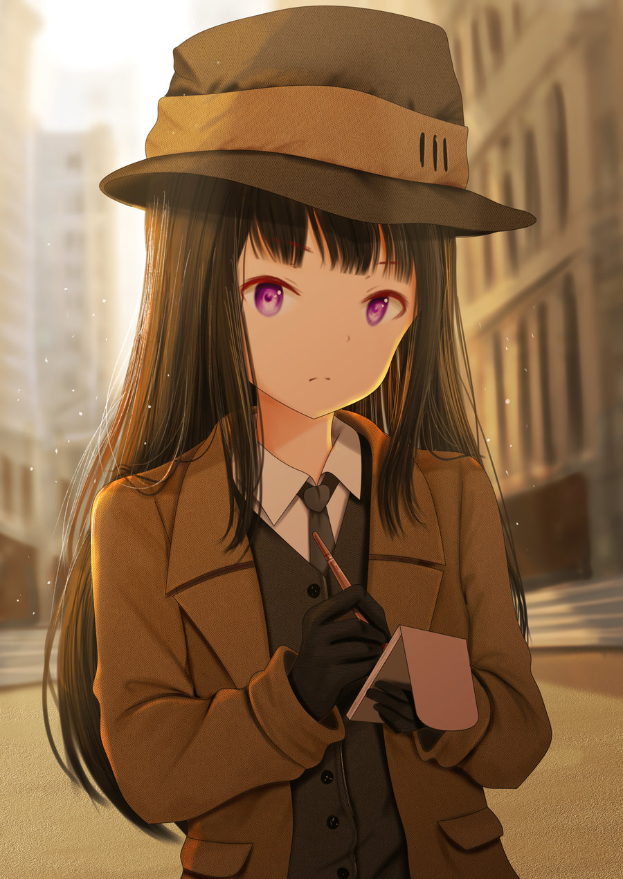 1girl backlighting bangs black_gloves black_hair black_jacket black_neckwear blunt_bangs blurry blurry_background brown_hat building buttons city closed_mouth coat commission day depth_of_field detective eyebrows_visible_through_hair gloves hat highres holding holding_pen jacket kirimatsu light_particles long_hair long_sleeves looking_at_viewer necktie open_clothes open_coat original outdoors road serious solo street upper_body violet_eyes wing_collar writing