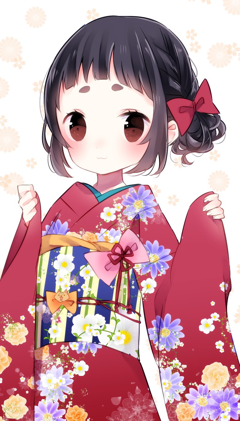 1girl :3 bangs black_hair blush bow brown_hair closed_mouth commentary_request fingernails floral_background floral_print hair_bow hands_up highres japanese_clothes kimono long_sleeves looking_at_viewer obi original pinching_sleeves print_kimono red_bow red_kimono sash sidelocks solo thick_eyebrows white_background wide_sleeves zantei_hanako