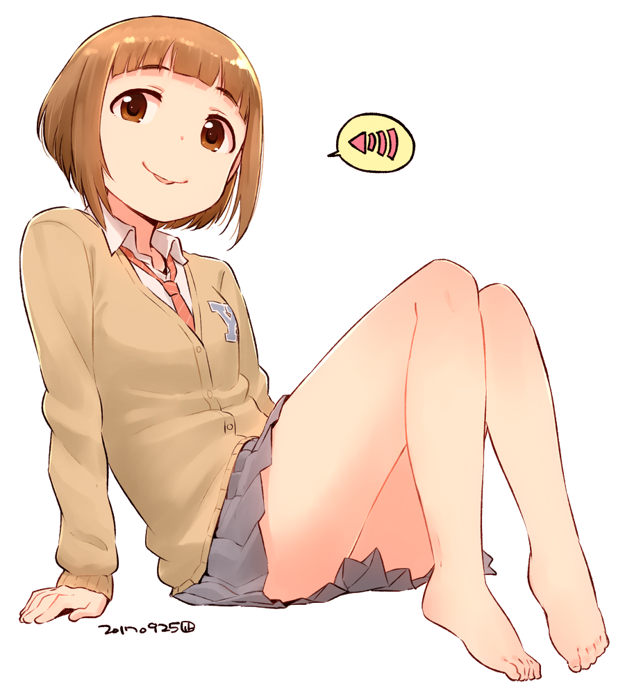 1girl arm_support bangs bare_legs barefoot blunt_bangs brown_cardigan brown_eyes brown_hair cardigan closed_mouth collared_shirt dated dot_nose eyebrows_visible_through_hair full_body grey_skirt idolmaster idolmaster_cinderella_girls kitami_yuzu knees_together_feet_apart knees_up leaning_back looking_at_viewer nagian necktie pleated_skirt red_neckwear school_uniform shiny shiny_hair shirt short_hair sitting skirt smile solo speech_bubble tareme tongue tongue_out white_shirt