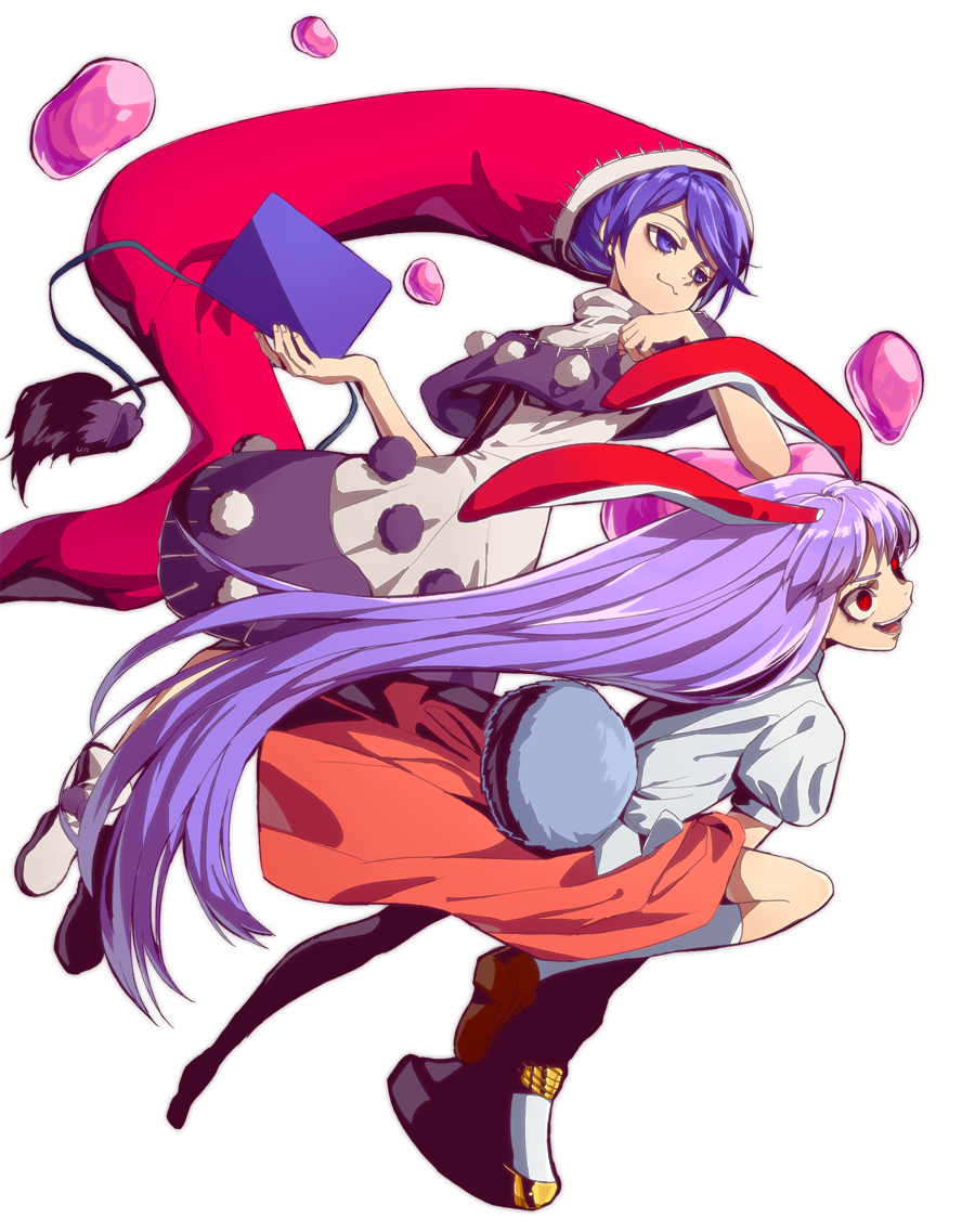 2girls :3 black_legwear blue_eyes blue_hair book brown_footwear bunny_tail crazy_smile doremy_sweet dream_soul dress hat kuzudon long_hair lunatic_gun multiple_girls pom_pom_(clothes) puffy_short_sleeves puffy_sleeves purple_hair rabbit red_eyes red_hat reisen_udongein_inaba shoes short_hair short_sleeves simple_background smug socks tail tapir_tail touhou very_long_hair white_background white_legwear