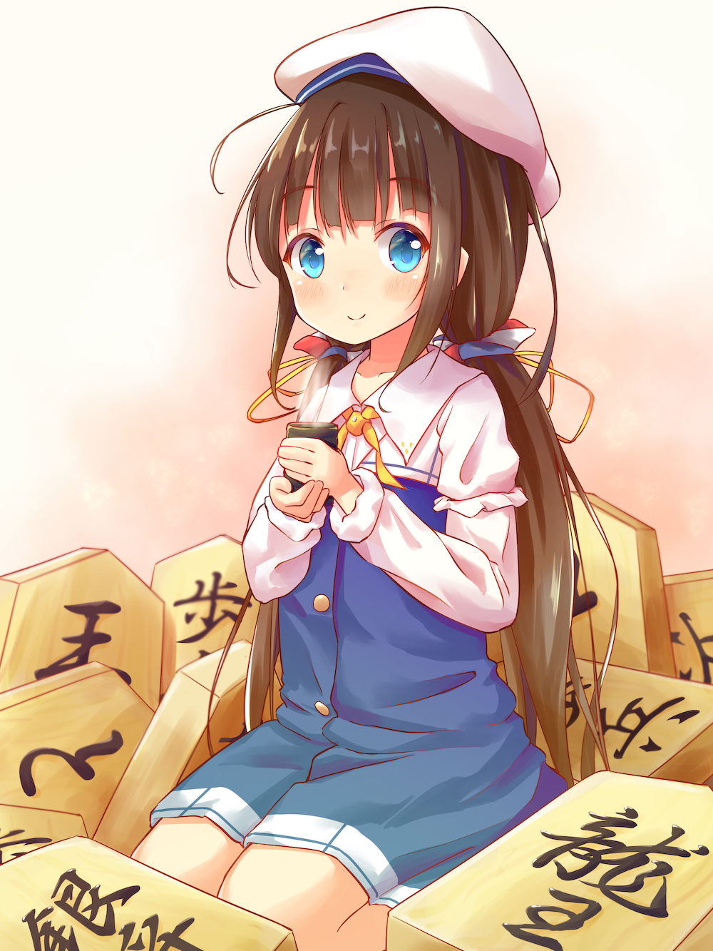 1girl beret blue_dress blue_eyes blush board_game brown_hair closed_mouth collarbone commentary_request cup dress hair_ribbon hat highres hinatsuru_ai holding holding_cup long_hair long_sleeves looking_at_viewer low_twintails mizutan64 puffy_short_sleeves puffy_sleeves ribbon ryuuou_no_oshigoto! school_uniform short_over_long_sleeves short_sleeves shougi sitting smile solo steam twintails very_long_hair white_hat yellow_ribbon yunomi