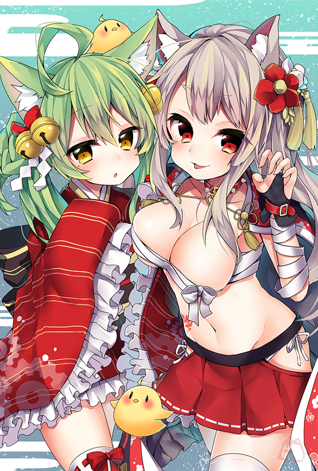 2girls :p ahoge akashi_(azur_lane) animal_ears azur_lane bangs bell bird black_bow black_gloves blush bow breasts budget_sarashi cat_ears chick claw_pose cleavage closed_mouth collar collarbone commentary_request eyebrows_visible_through_hair fingerless_gloves flower frilled_kimono frilled_sleeves frills gloves green_hair greyscale groin hair_bell hair_between_eyes hair_bow hair_flower hair_ornament japanese_clothes jingle_bell kimono large_breasts long_hair long_sleeves looking_at_viewer monochrome multiple_girls nachiru panties parted_lips pleated_skirt red_bow red_collar red_eyes red_flower red_kimono red_skirt sarashi shide short_kimono side-tie_panties skirt sleeves_past_fingers sleeves_past_wrists smile spiked_collar spikes thick_eyebrows tongue tongue_out twintails underwear white_panties wide_sleeves wolf yellow_eyes yuudachi_(azur_lane)