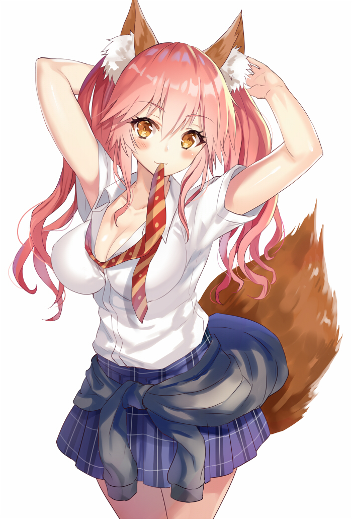 1girl animal_ears arms_up blue_skirt blush breasts cleavage clothes_around_waist fate/extra fate_(series) fox_ears fox_tail harimoji large_breasts long_hair looking_at_viewer mouth_hold necktie pink_hair plaid plaid_skirt school_uniform shirt short_sleeves simple_background skirt smile solo sweater_around_waist tail tamamo_(fate)_(all) twintails undone_necktie white_background white_shirt yellow_eyes