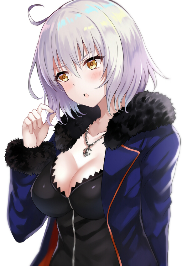 1girl :o ahoge bangs black_dress blue_jacket blush breasts cleavage dress eyebrows_visible_through_hair fate/grand_order fate_(series) fur-trimmed_jacket fur-trimmed_sleeves fur_trim hair_between_eyes harimoji jacket jeanne_d'arc_(alter)_(fate) jeanne_d'arc_(fate)_(all) jewelry large_breasts long_sleeves looking_away open_clothes open_jacket parted_lips pendant short_hair silver_hair simple_background solo white_background yellow_eyes