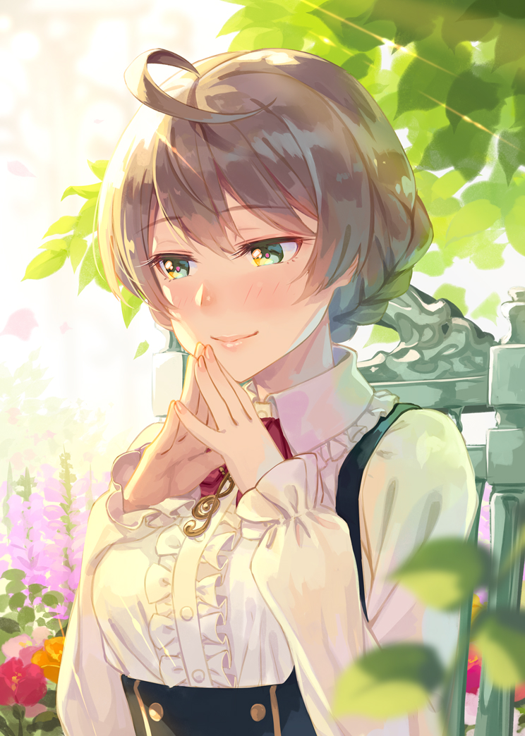 1girl ahoge bangs blurry blush braid breasts brown_hair center_frills chair closed_eyes closed_mouth collared_shirt day depth_of_field flower frilled_shirt frilled_shirt_collar frills green_eyes high-waist_skirt idolmaster idolmaster_million_live! idolmaster_million_live!_theater_days large_breasts leaf lips looking_away looking_down medium_breasts nail_polish own_hands_together pink_nails sakuramori_kaori shiny shiny_hair shirt short_hair skirt smile solo sunlight terumii treble_clef underbust upper_body white_shirt