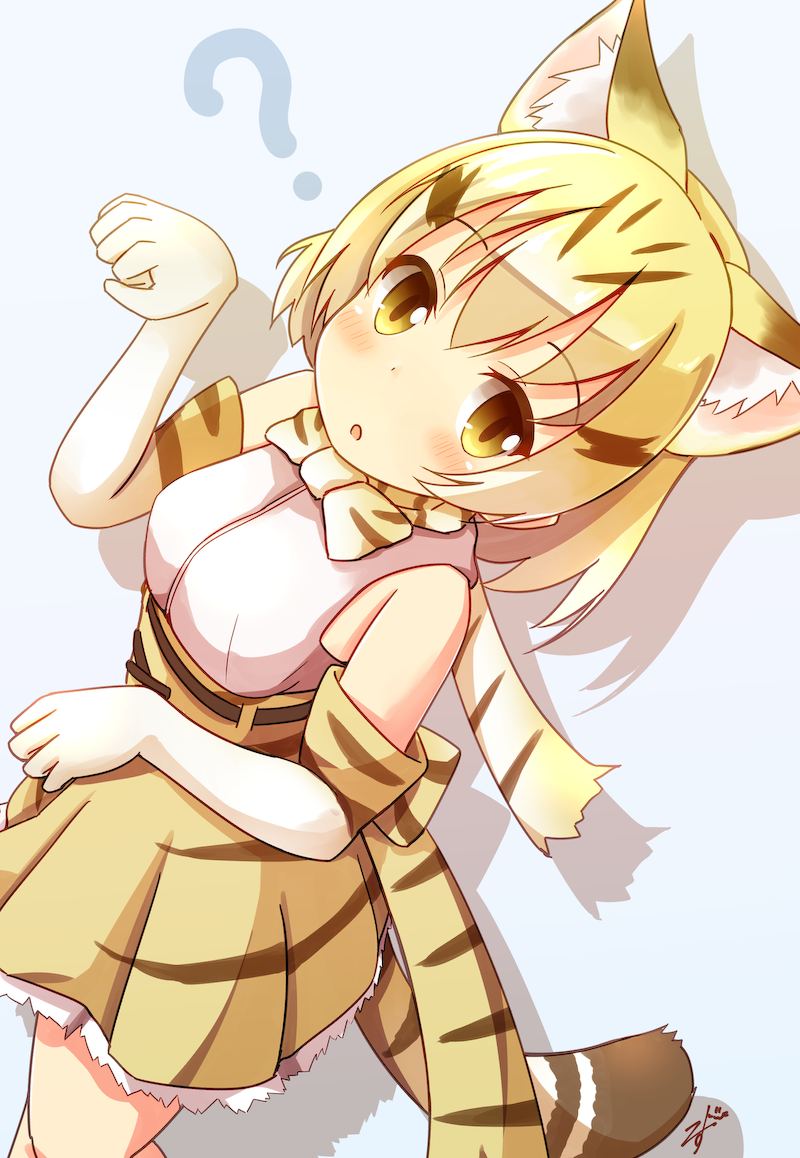 1girl :o ? animal_ears bangs bare_shoulders blonde_hair blue_background blush bow bowtie brown_eyes brown_hair brown_skirt cat_ears cat_girl cat_tail commentary_request dutch_angle elbow_gloves eyebrows_visible_through_hair gloves hair_between_eyes high-waist_skirt kemono_friends looking_at_viewer mizutan64 multicolored_hair parted_lips pleated_skirt sand_cat_(kemono_friends) shirt sidelocks simple_background skirt sleeveless sleeveless_shirt solo striped_tail tail white_gloves white_shirt