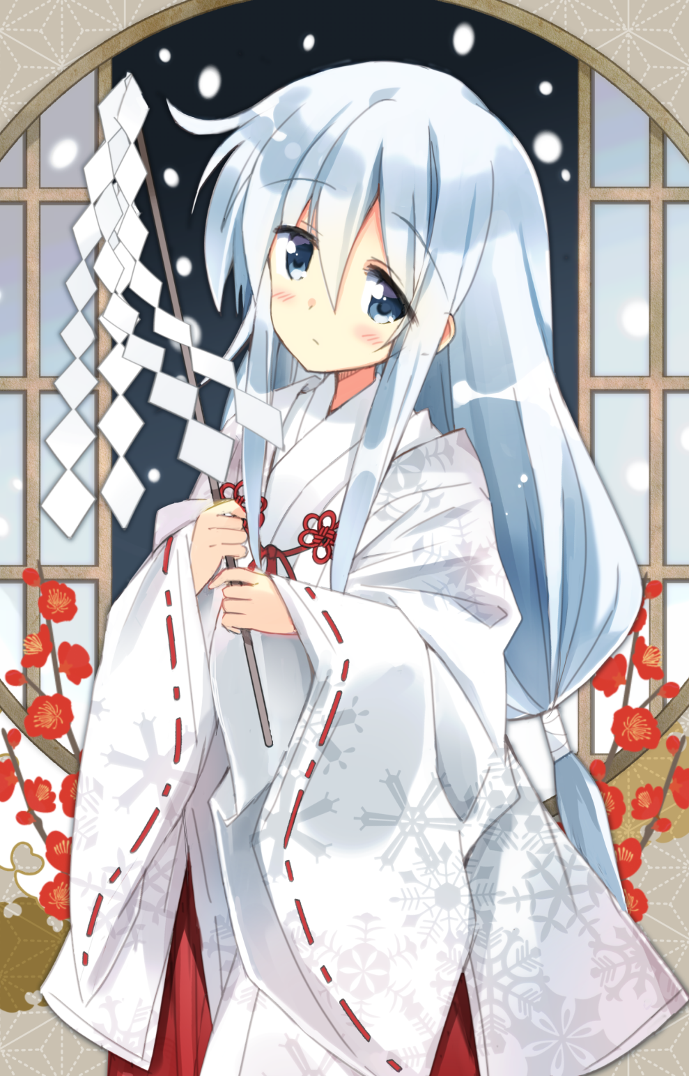 1girl alternate_costume asa_no_ha_(pattern) blue_eyes blush chihaya_(clothing) closed_mouth commentary commentary_request cowboy_shot expressionless eyebrows_visible_through_hair flower gohei hair_between_eyes hakama head_tilt hibiki_(kantai_collection) highres hizuki_yayoi holding japanese_clothes kantai_collection kimono long_hair long_sleeves looking_at_viewer miko print_kimono red_flower red_hakama ribbon-trimmed_sleeves ribbon_trim shide shiny shiny_hair sidelocks silver_hair snowing solo standing tareme very_long_hair white_kimono wide_sleeves window