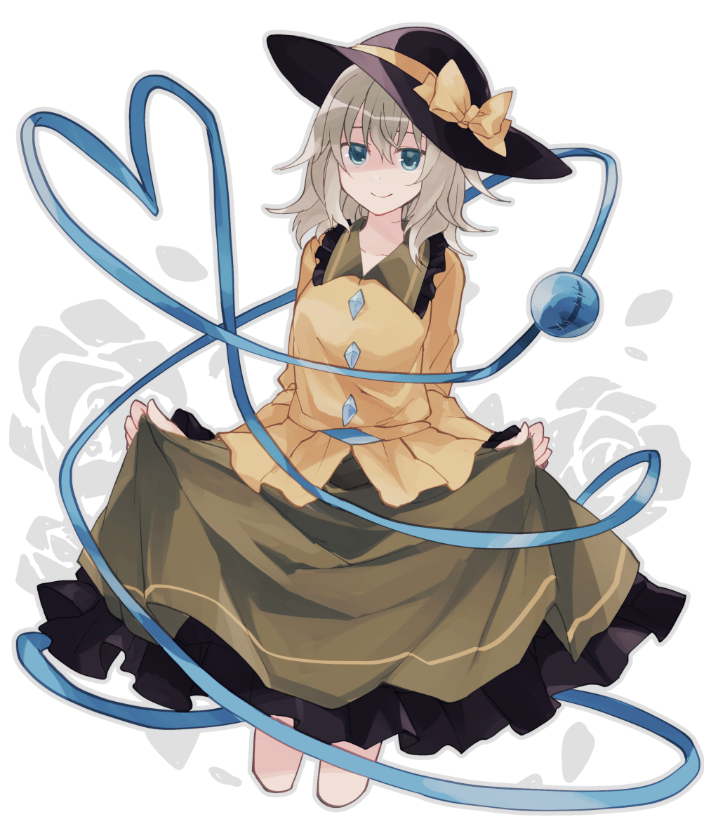 1girl belt black_hat blue_belt blue_eyes bow breasts buttons closed_mouth collarbone collared_shirt cropped_legs curtsey flower frilled_shirt_collar frilled_skirt frills green_skirt hat hat_bow heart heart_of_string jitome komeiji_koishi long_sleeves looking_at_viewer medium_hair minamiya_mia outline rose shirt silver_hair skirt skirt_lift small_breasts smile solo stitches sun_hat third_eye touhou white_background yellow_bow yellow_shirt