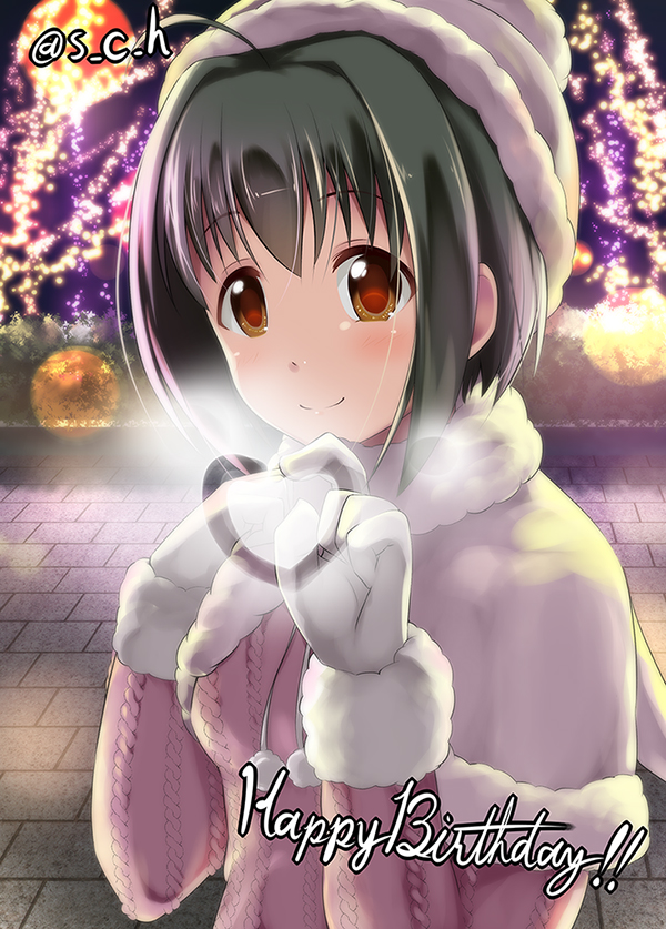 1girl against_glass ahoge beanie black_hair blush breasts breath bush christmas_lights closed_mouth eyebrows_visible_through_hair fourth_wall fur-trimmed_hat fur-trimmed_mittens fur-trimmed_shawl fur_trim hair_between_eyes hair_intakes happy_birthday hat heart idolmaster idolmaster_cinderella_girls kohinata_miho light_particles looking_at_viewer mittens moon night orange_eyes orange_moon outdoors pink_sweater pom_pom_(clothes) sch shawl shiny shiny_hair short_hair sidewalk small_breasts smile solo steam sweater twitter_username upper_body white_hat white_mittens winter_clothes