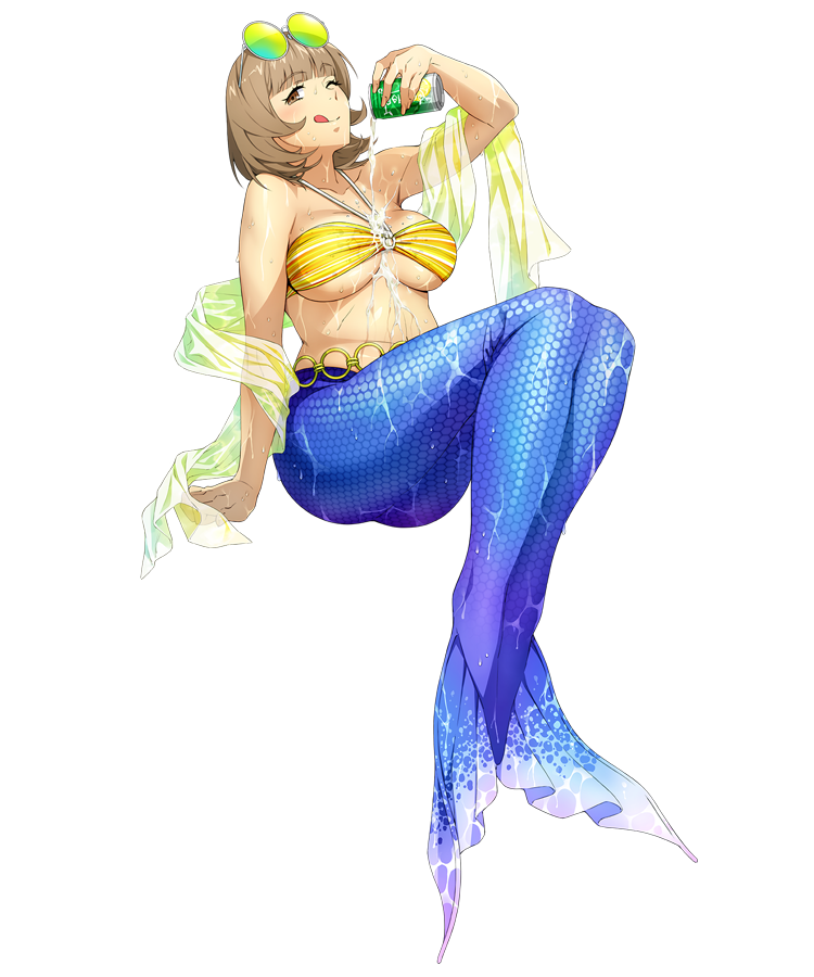 1girl ;q bikini_top blush breasts brown_eyes brown_hair can eyebrows_visible_through_hair eyewear_on_head full_body holding holding_can katrina_company large_breasts looking_at_viewer mermaid_costume official_art one_eye_closed pouring short_hair smile solo super_robot_wars super_robot_wars_x-omega tongue tongue_out transparent_background watanabe_wataru