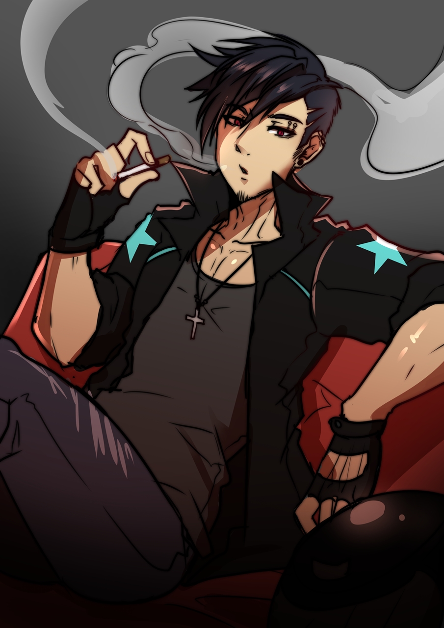 1boy beard black_hair cigarette cross cross_necklace duzk earrings facial_hair fingerless_gloves gloves grey_background highres jewelry male_focus necklace original piercing red_eyes sitting smoke smoking solo