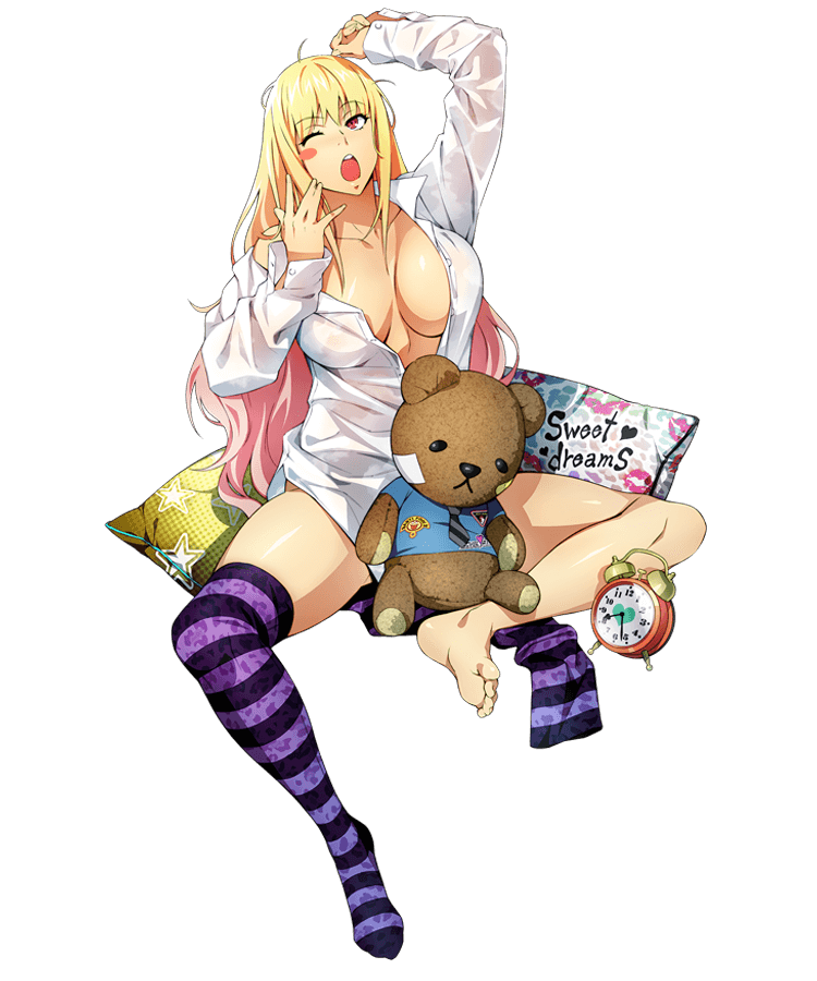 1girl alarm_clock arm_up barefoot blonde_hair blush_stickers clock eyebrows_visible_through_hair forearm_at_chest full_body gradient_hair long_hair long_sleeves multicolored_hair no_bra no_shoes official_art open_clothes open_mouth open_shirt pillow pink_hair shatte_judevesten shiny shiny_skin shirt solo star star_print striped striped_legwear stuffed_animal stuffed_toy super_robot_wars super_robot_wars_x-omega teddy_bear thigh-highs transparent_background unbuttoned upper_teeth watanabe_wataru wince