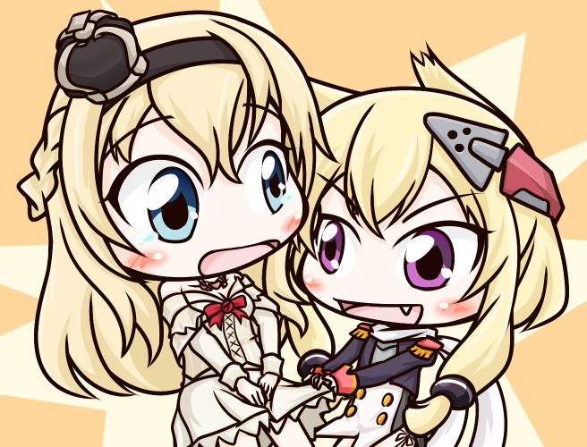 2girls aka_shiba azur_lane bare_shoulders blonde_hair blue_eyes braid chibi cowboy_shot crossover crown dress dress_tug epaulettes fang flower french_braid hairband headband kantai_collection long_hair long_sleeves mini_crown multiple_girls namesake off-shoulder_dress off_shoulder open_mouth red_flower red_rose rose scarf smile violet_eyes warspite_(azur_lane) warspite_(kantai_collection) white_scarf