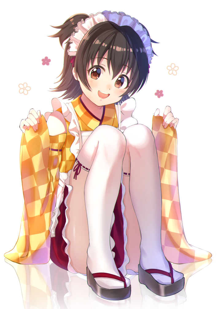 1girl :d akagi_miria apron bands bare_shoulders black_hair blush brown_eyes checkered cotrpopor detached_sleeves dot_nose eyebrows_visible_through_hair flower full_body geta idolmaster idolmaster_cinderella_girls japanese_clothes kimono knees_up looking_at_viewer maid_headdress open_mouth red_skirt reflection ribbon-trimmed_legwear ribbon_trim round_teeth short_hair short_twintails sitting skirt sleeves_past_wrists smile solo teeth thigh-highs twintails wa_maid white_apron white_background white_legwear wide_sleeves