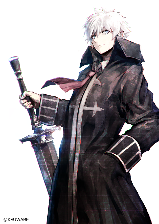 1boy black_border blue_eyes border charles_henri_sanson_(fate/grand_order) closed_mouth coat commentary_request fate/grand_order fate_(series) fingernails hair_between_eyes hand_in_pocket high_collar holding holding_sword holding_weapon kei-suwabe long_sleeves looking_at_viewer necktie red_neckwear simple_background solo standing sword weapon white_background white_hair