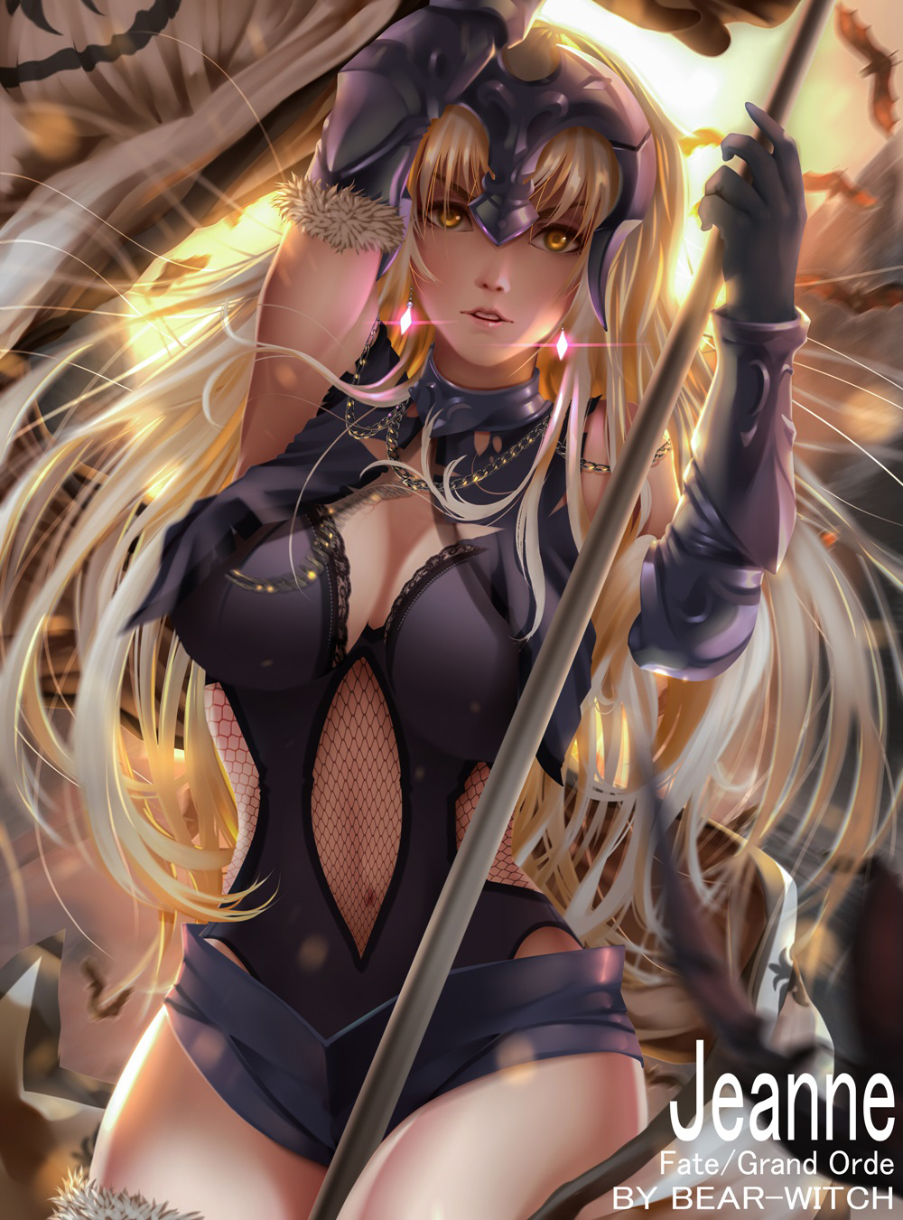 artist_name bearwitch black_gloves blonde_hair breasts character_name cleavage copyright_name cowboy_shot fate/grand_order fate_(series) gauntlets gloves hand_up headgear highres holding holding_weapon jeanne_d'arc_(alter)_(fate) jeanne_d'arc_(fate)_(all) long_hair looking_at_viewer navel parted_lips standing thighs warrior weapon yellow_eyes