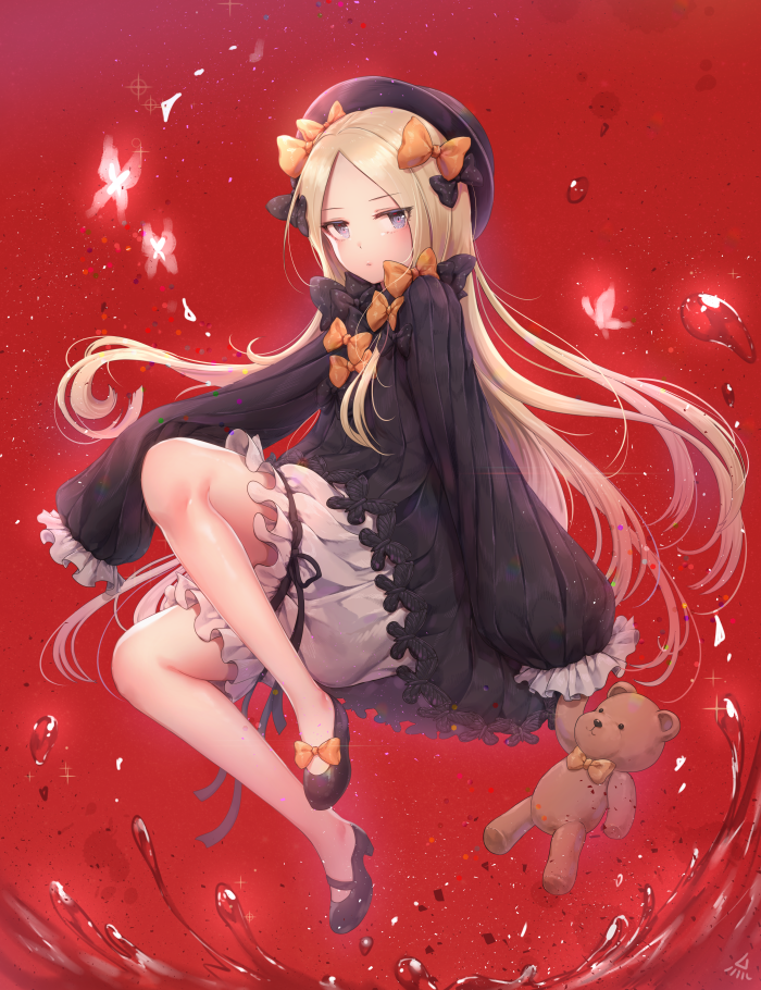 1girl abigail_williams_(fate/grand_order) bangs black_bow black_dress black_footwear black_hat blonde_hair bloomers blue_eyes bow butterfly closed_mouth dress eyebrows_visible_through_hair fate/grand_order fate_(series) full_body hair_bow hat high_heels long_hair long_sleeves looking_at_viewer mary_janes object_hug orange_bow ozzingo parted_bangs polka_dot polka_dot_bow revision shoes sleeves_past_fingers sleeves_past_wrists solo stuffed_animal stuffed_toy teddy_bear underwear very_long_hair white_bloomers
