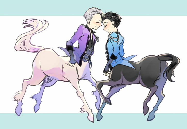 2boys black_hair centaur closed_eyes hair_slicked_back katsuki_yuuri kuroemon male_focus monster_boy multiple_boys silver_hair smile viktor_nikiforov yuri!!!_on_ice