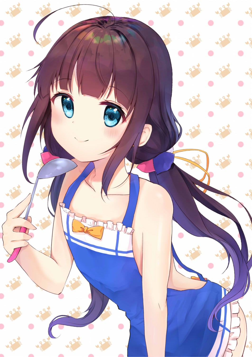 1girl ahoge apron bangs bare_arms bare_shoulders blue_apron blue_eyes blush bow brown_hair closed_mouth collarbone commentary_request eyebrows_visible_through_hair frilled_apron frills highres hinatsuru_ai holding ladle leaning_forward long_hair looking_at_viewer low_twintails naked_apron orange_bow ryuuou_no_oshigoto! shiarisu smile solo twintails very_long_hair white_background