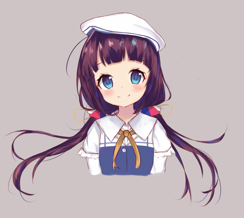 1girl bangs beret blue_dress blue_eyes blush brown_background brown_hair closed_mouth commentary_request dress eyebrows_visible_through_hair hat head_tilt hinatsuru_ai long_hair long_sleeves looking_at_viewer low_twintails miaomiao ryuuou_no_oshigoto! school_uniform short_over_long_sleeves short_sleeves simple_background smile solo twintails very_long_hair white_hat