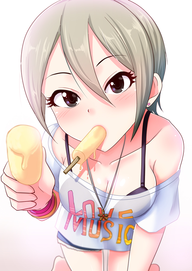 1girl arm_support bare_shoulders barefoot black_bra black_eyes blush bra bracelet breasts cleavage clothes_writing collarbone denim denim_shorts earrings eyebrows_visible_through_hair eyelashes feeding food food_in_mouth hair_between_eyes holding holding_food idolmaster idolmaster_cinderella_girls jewelry kneeling leaning_forward looking_at_viewer medium_breasts momoda_yasuhito necklace oversized_clothes popsicle pov_feeding see-through shiomi_shuuko shirt short_hair shorts silver_hair solo t-shirt underwear white_shirt