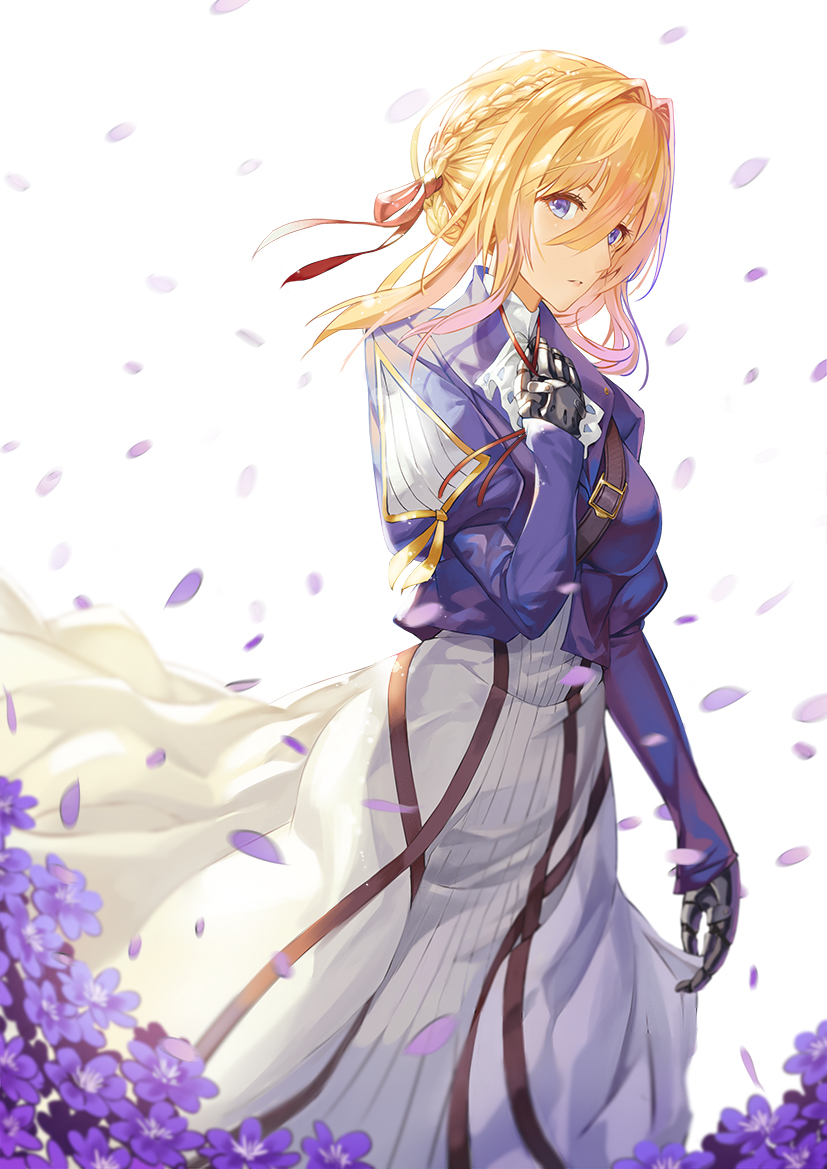 blonde_hair blue_eyes braid buckle dress flower hand_on_own_chest mechanical_arms petals riko_(ccllnnhh) skirt violet_evergarden violet_evergarden_(character)