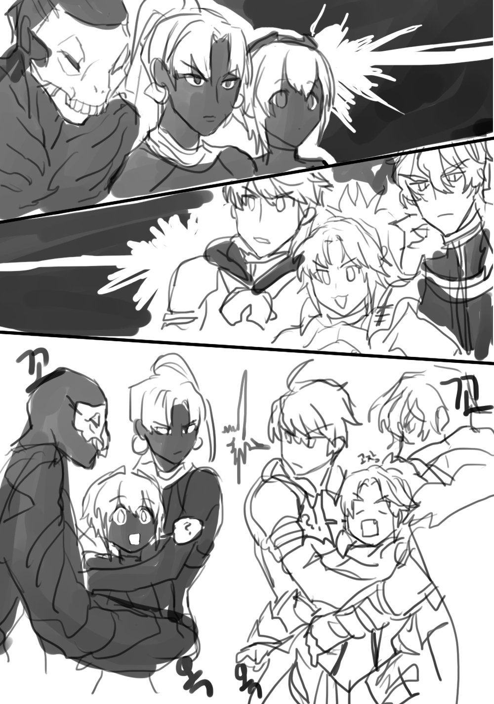 3boys 3girls assassin_(fate/zero) comic fate/apocrypha fate/grand_order fate/prototype fate/prototype:_fragments_of_blue_and_silver fate/stay_night fate/zero fate_(series) gawain_(fate/grand_order) greyscale hassan_of_serenity_(fate) highres hug monochrome mordred_(fate) mordred_(fate)_(all) multiple_boys multiple_girls saber_(fate/prototype) silent_comic true_assassin