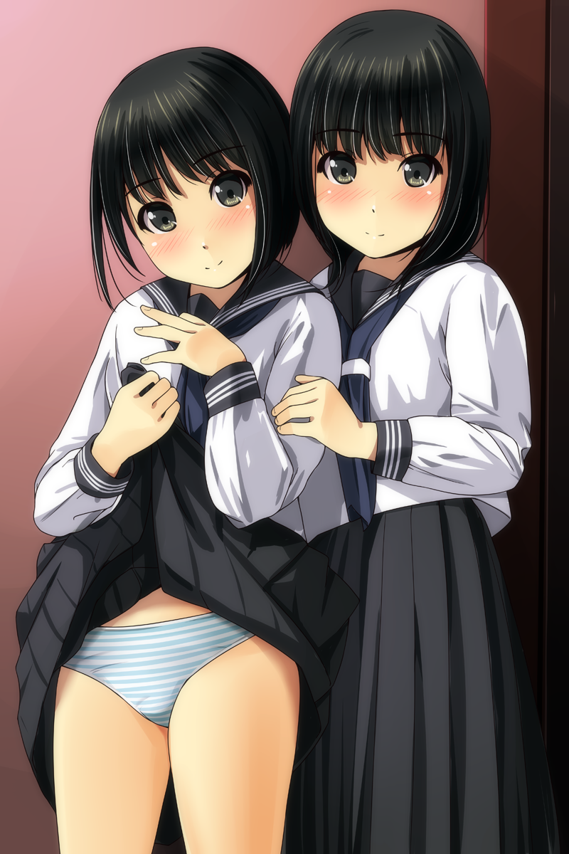 2girls bangs black_eyes black_hair black_skirt blue_neckwear blush bob_cut closed_mouth commentary_request eyebrows_visible_through_hair fingernails head_tilt highres lifted_by_self long_sleeves looking_at_viewer matsunaga_kouyou multiple_girls neckerchief original panties pleated_skirt school_uniform serafuku shirt short_hair sidelocks skirt skirt_lift smile striped striped_panties underwear white_shirt