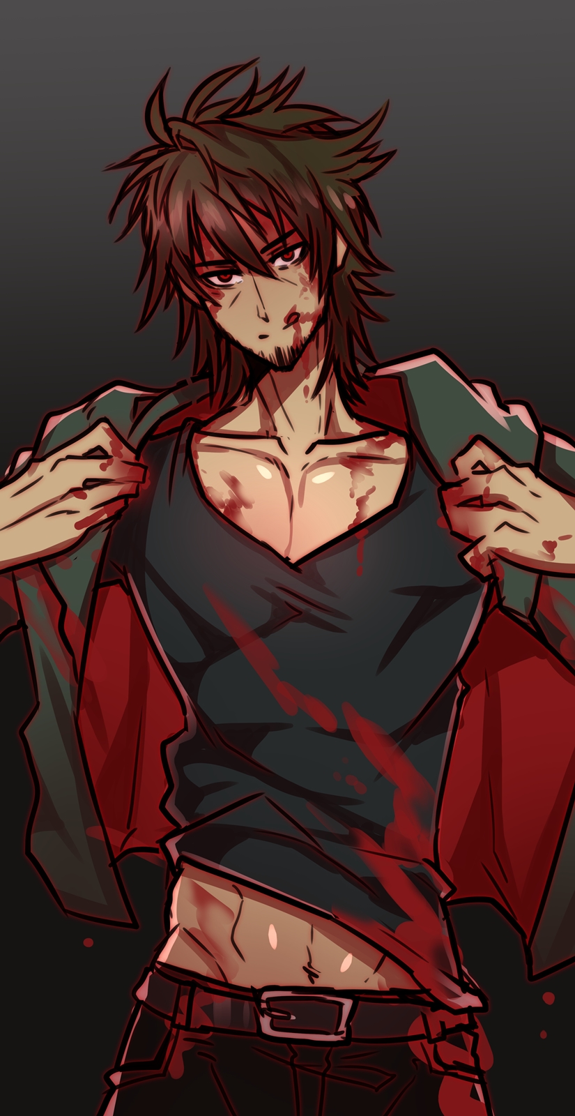 1boy beard blood blood_on_face brown_hair duzk facial_hair grey_background highres male_focus original red_eyes solo tongue tongue_out upper_body