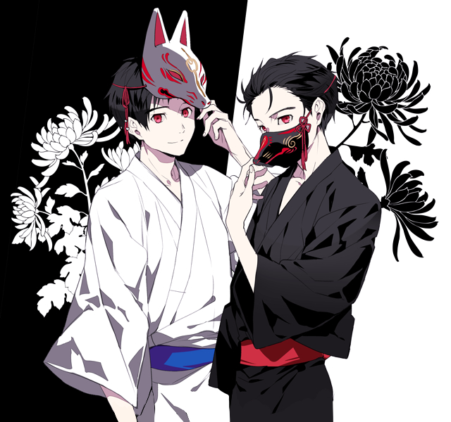 2boys alternate_eye_color black_hair dual_persona flower fox_mask hair_slicked_back japanese_clothes katsuki_yuuri kimono kuroemon male_focus mask multiple_boys red_eyes smile yuri!!!_on_ice