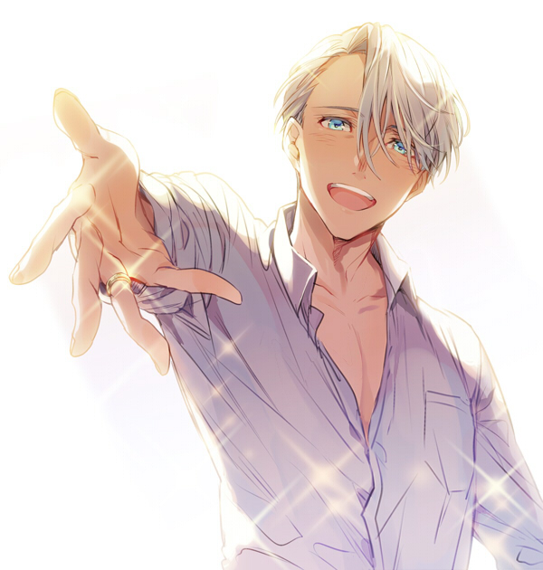 1boy :d blue_eyes collared_shirt jewelry kuroemon male_focus open_clothes open_mouth open_shirt outstretched_hand ring shirt silver_hair smile sparkle viktor_nikiforov yuri!!!_on_ice