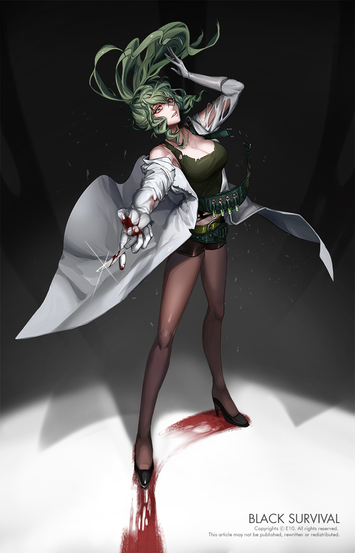 1girl altimaen_iten belt black_legwear black_shorts black_survival blood breasts cleavage full_body gloves green_eyes green_hair head_back high_heels labcoat large_breasts legwear_under_shorts long_hair looking_at_viewer open_mouth pantyhose pantyhose_under_shorts parted_lips ponytail scalpel short_shorts shorts solo standing tank_top utility_belt white_gloves