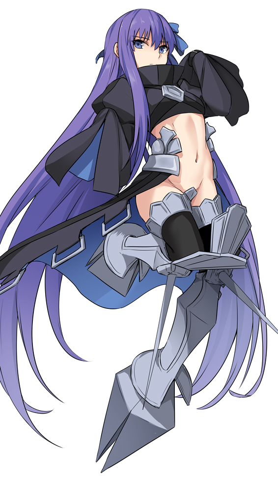 1girl black_legwear blue_eyes crotch_plate fate/extra fate/extra_ccc fate_(series) full_body groin long_hair looking_at_viewer meltlilith purple_hair revealing_clothes shiseki_hirame simple_background sleeves_past_wrists solo thigh-highs white_background