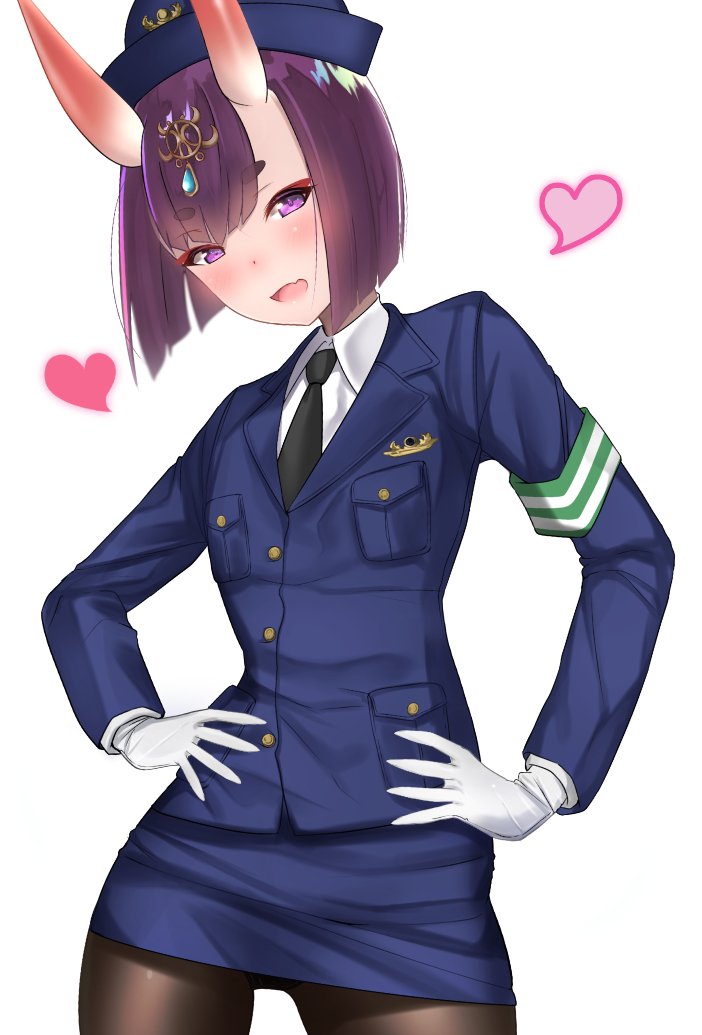 1girl :d alternate_costume black_neckwear blush breast_pocket brown_legwear commentary_request gloves hands_on_hips hat heart horns jewelry long_sleeves looking_at_viewer necktie oni_horns open_mouth pantyhose pocket police police_hat police_uniform purple_hair short_hair simple_background smile solo uniform untsue violet_eyes white_background white_gloves