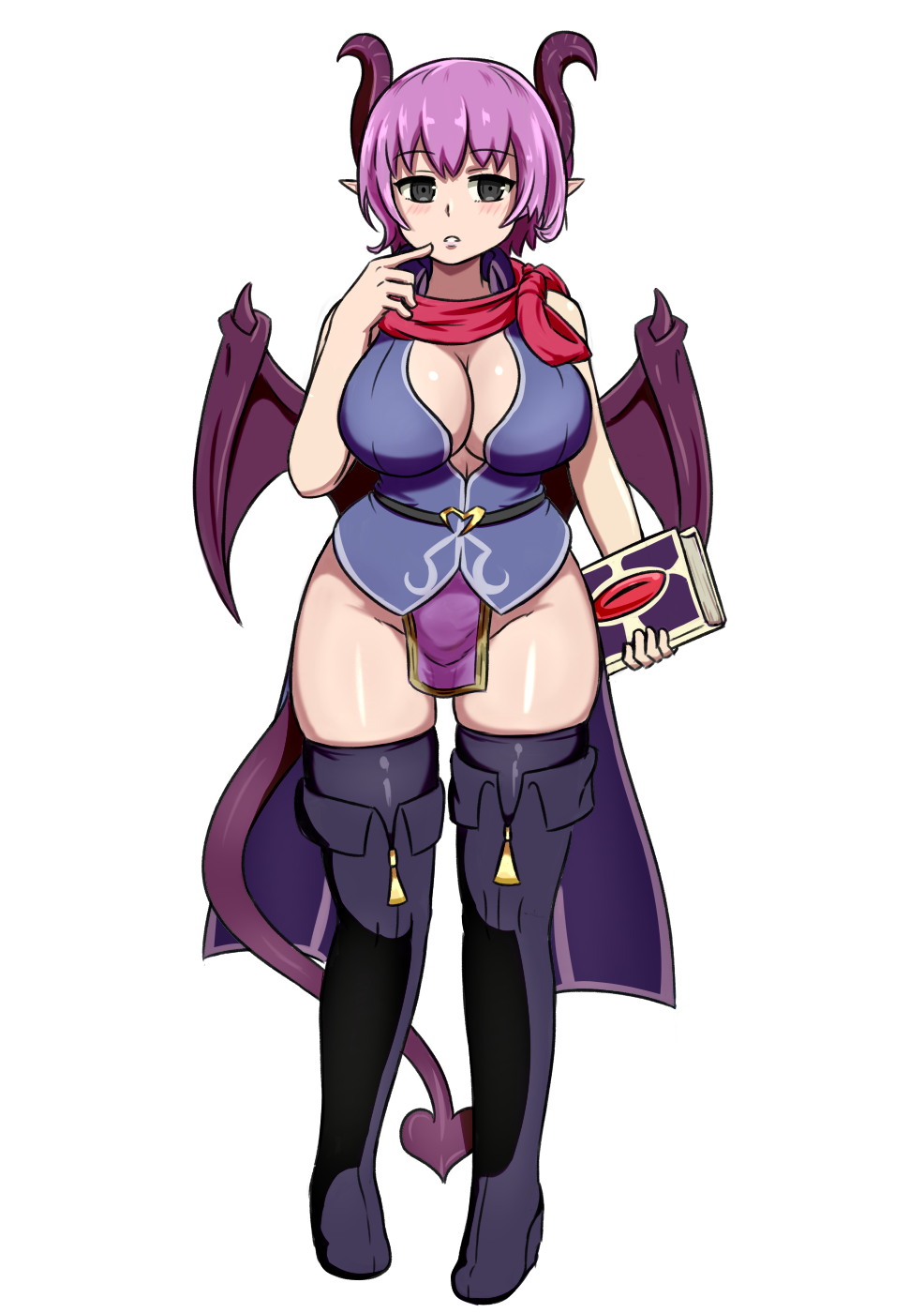 1girl black_eyes black_legwear blush book boots breasts cleavage commentary demon_girl demon_horns demon_tail demon_wings finger_to_mouth fire_emblem fire_emblem:_shin_monshou_no_nazo full_body highres horns katarina_(fire_emblem) large_breasts looking_at_viewer nav parted_lips pelvic_curtain pointy_ears purple_hair short_hair simple_background solo succubus tail thigh-highs thigh_boots white_background wings