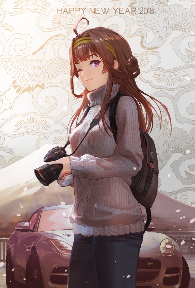 1girl 2018 ;3 ahoge alternate_costume backpack bag brown_hair camera car casual ground_vehicle happy_new_year kantai_collection kongou_(kantai_collection) long_hair motor_vehicle new_year one_eye_closed single-lens_reflex_camera snow snowing solo sweater tantaka vehicle_request