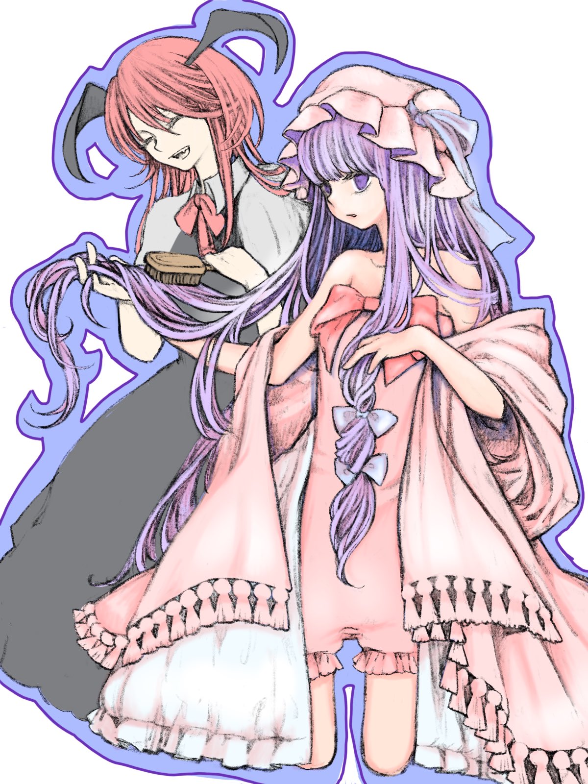 2girls bangs bare_arms bare_shoulders black_wings blue_bow blunt_bangs bow closed_eyes dress eyelashes full_body hair_bow hair_brush hair_brushing hat head_wings highres holding kneeling koakuma long_hair multiple_girls outline patchouli_knowledge pink_dress pink_hat pontaqwe purple_hair redhead simple_background smile strapless strapless_dress tassel touhou very_long_hair violet_eyes white_background wing_collar wings