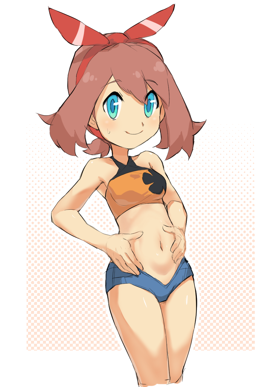 1girl blue_eyes brown_hair checkered checkered_background cropped_legs hairband haruka_(pokemon) highres looking_at_viewer navel nyonn24 pokemon pokemon_(anime) short_shorts shorts stomach tank_top