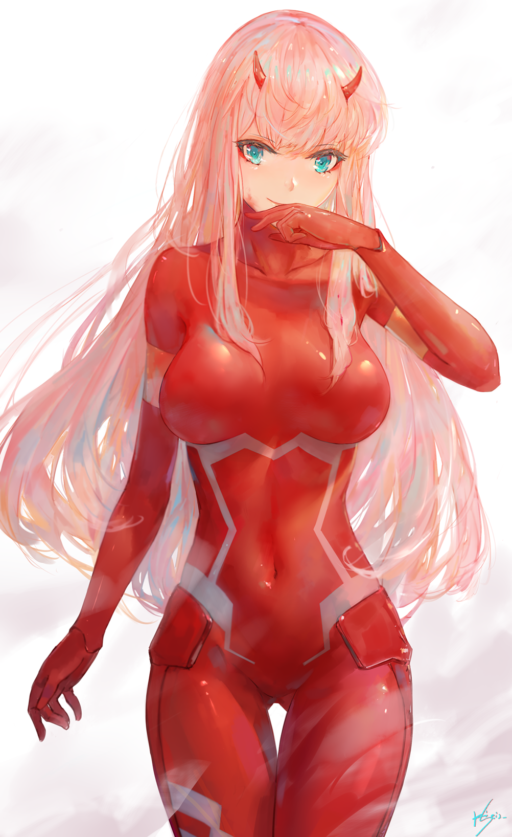 1girl arm_at_side bangs blood blood_on_face blue_eyes blush bodysuit breasts closed_mouth covered_navel darling_in_the_franxx gluteal_fold hand_to_own_mouth highres horns kisei2 large_breasts legs_together long_hair looking_at_viewer pilot_suit pink_hair red_bodysuit shiny shiny_clothes shiny_hair skin_tight smile solo standing thigh_gap zero_two_(darling_in_the_franxx)