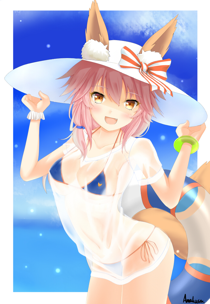 amakusa_shio animal_ears bikini blue_bikini blush breasts cleavage collarbone commentary_request covered_navel ears_through_headwear eyebrows_visible_through_hair fang fate/grand_order fate_(series) fox_ears fox_tail hat innertube large_breasts looking_at_viewer navel ocean open_mouth outdoors pink_hair shirt side-tie_bikini sun_hat swimsuit tail tamamo_(fate)_(all) tamamo_no_mae_(swimsuit_lancer)_(fate) wet wet_clothes wet_shirt wet_t-shirt yellow_eyes