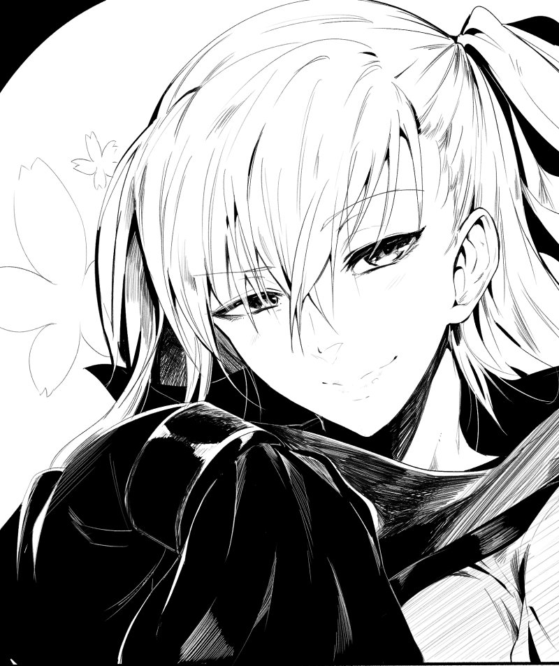 1girl commentary_request eyebrows_visible_through_hair fate/extra fate/extra_ccc fate/grand_order fate_(series) flower hair_between_eyes looking_at_viewer meltlilith monochrome side_ponytail sketch smile solo torichamaru upper_body