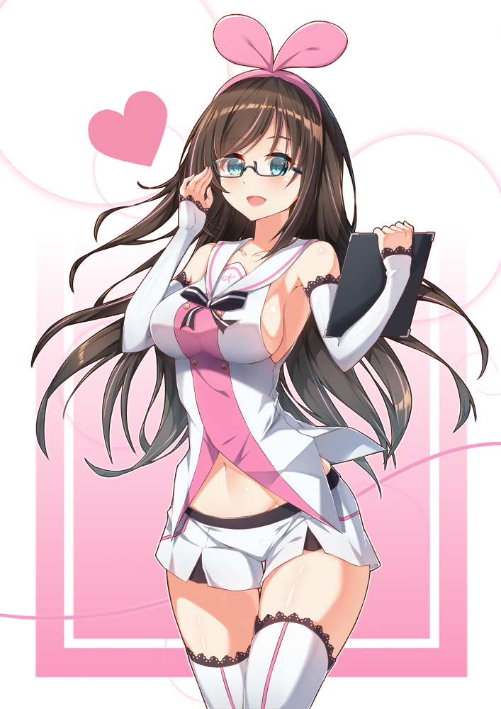 1girl :d a.i._channel adjusting_eyewear bangs bare_shoulders bespectacled black-framed_eyewear blush breasts brown_hair clipboard collarbone cowboy_shot detached_sleeves eyebrows_visible_through_hair glasses hair_ribbon hairband hand_up heart kizuna_ai lace lace-trimmed_sleeves lace-trimmed_thighhighs long_hair long_sleeves looking_at_viewer medium_breasts multicolored_hair navel open_mouth pink_background pink_hair pink_hairband pink_ribbon ribbon school_uniform semi-rimless_eyewear serafuku shiny shiny_skin shirt short_shorts shorts sideboob single_vertical_stripe smile solo standing thigh-highs thigh_gap two-tone_hair under-rim_eyewear very_long_hair white_legwear white_shirt white_shorts yuxian_youka