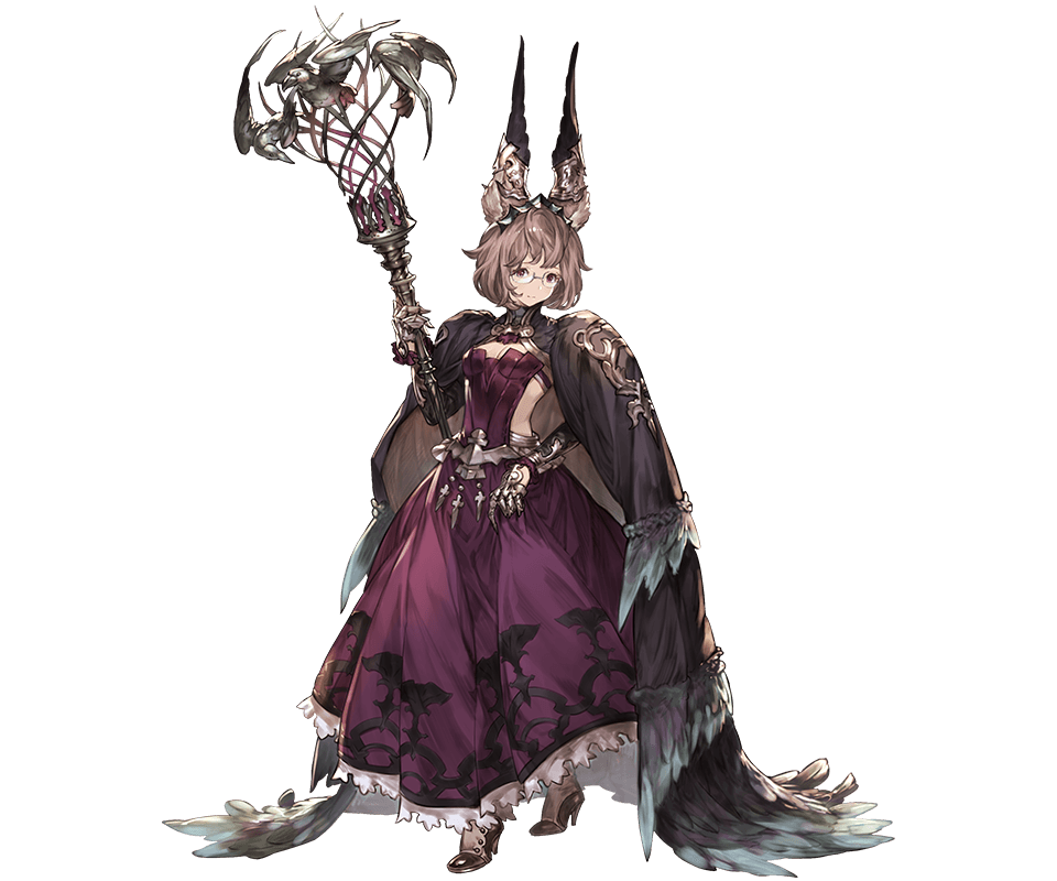 1girl animal_ears bangs breasts brown_hair cape cleavage constance_(granblue_fantasy) dress elbow_gloves feather_trim full_body glasses gloves granblue_fantasy high_heels holding jewelry long_dress looking_at_viewer minaba_hideo official_art purple_dress short_hair small_breasts solo staff standing tiara transparent_background turtleneck violet_eyes