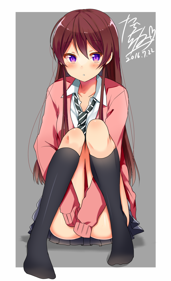 1girl aikatsu! bangs black_legwear blush brown_hair collared_shirt covering covering_crotch dated eyebrows_visible_through_hair full_body grey_background hair_between_eyes kneehighs knees_together_feet_apart knees_up long_hair looking_at_viewer necktie no_shoes outside_border parted_lips pink_sweater pleated_skirt shibuki_ran shirt sidelocks signature sitting skirt sleeves_past_fingers sleeves_past_wrists solo striped_neckwear sweater tarachine violet_eyes white_border