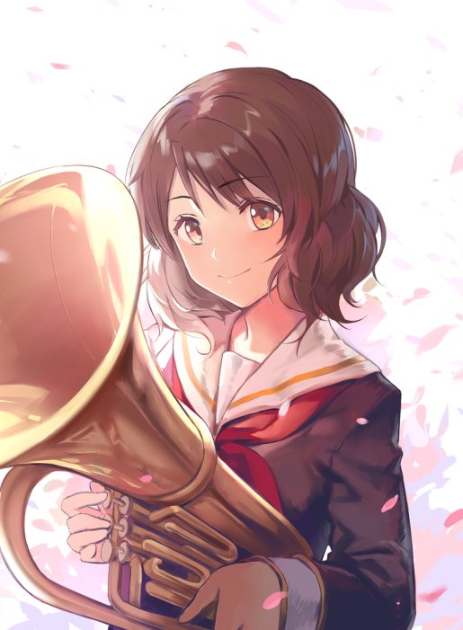 1girl brown_eyes brown_hair euphonium eyebrows_visible_through_hair hibike!_euphonium holding holding_instrument huanxiang_heitu instrument long_sleeves looking_at_viewer oumae_kumiko petals red_neckwear school_uniform serafuku smile upper_body wavy_hair