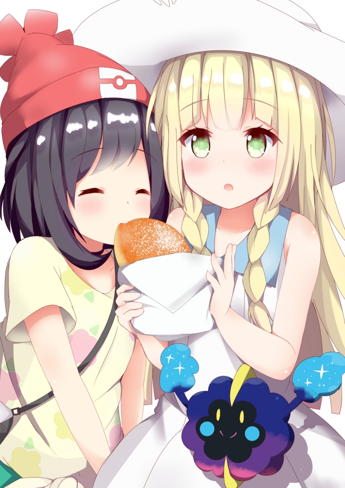 2girls akiori_koromo beanie black_hair blonde_hair blush braid closed_eyes cosmog dress eating green_eyes hat lillie_(pokemon) long_hair malasada mizuki_(pokemon_sm) multiple_girls open_mouth pokemon pokemon_(creature) pokemon_(game) pokemon_sm red_hat short_hair short_sleeves sleeveless sleeveless_dress sun_hat twin_braids white_dress white_hat