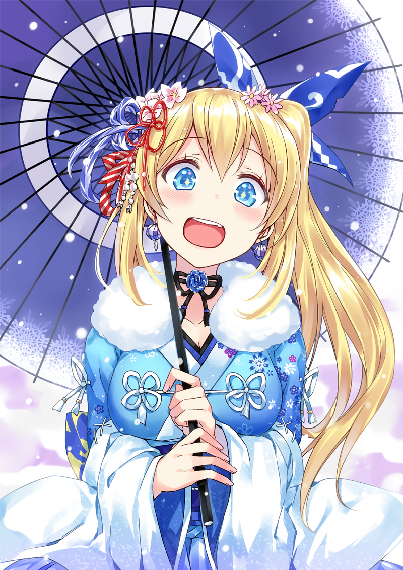 1girl :d blonde_hair blue_eyes blue_flower blue_rose blush breasts bulbonne cleavage floral_print flower fur_trim hair_flower hair_ornament hair_ribbon japanese_clothes kimono large_breasts long_hair looking_at_viewer mirai_akari mirai_akari_project open_mouth ribbon rose side_ponytail smile snow solo sparkling_eyes umbrella wide_sleeves