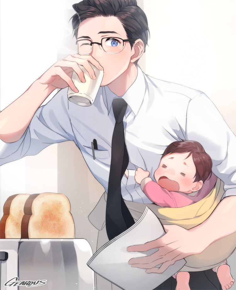 1boy 1girl artist_name baby bent_over black_hair black_neckwear blue_eyes brown_hair commentary cry crying cup drinking father_and_daughter food gearous infant mug necktie one_eye_closed original steam toast toaster